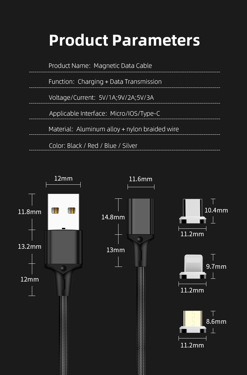 3A Fast Charging Compatible Magnetic Data Cable with LED for Huawei