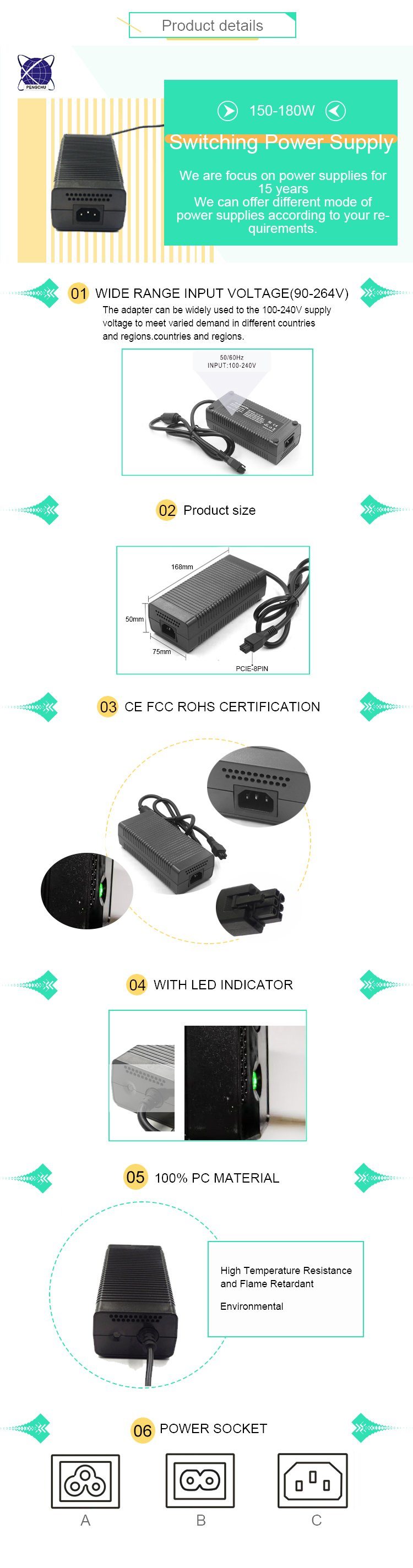 12V 15A 180W AC DC Switching Power Adapter with CE FCC RoHS Approved