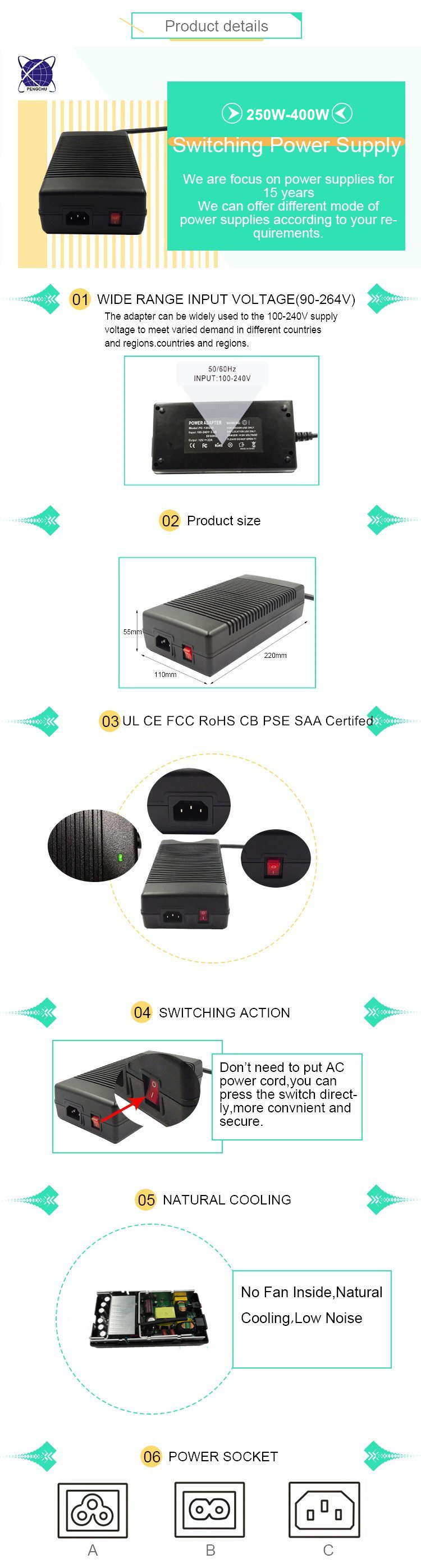 265W 12V 22A AC DC SMPS Switching Power Supply with UL CE FCC RoHS SAA CB PSE