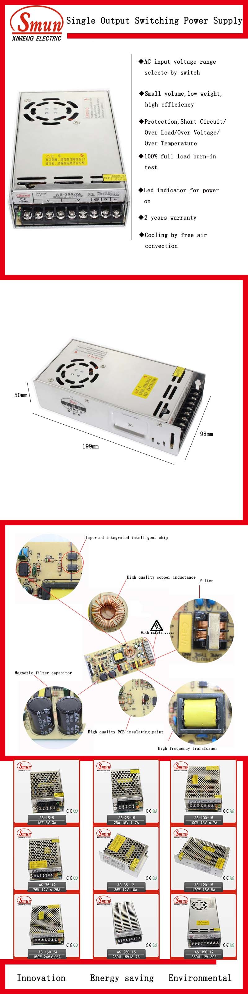 350W 24VDC 15A Mini Power Supply SMPS for LED Light