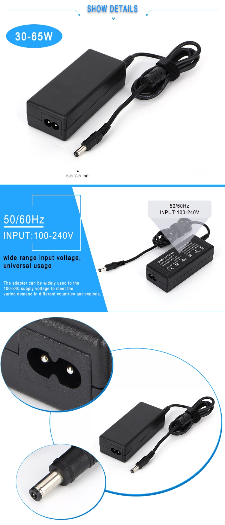 60W AC DC Adaptor 12V 5A AC DC Switch Mode Power Supply