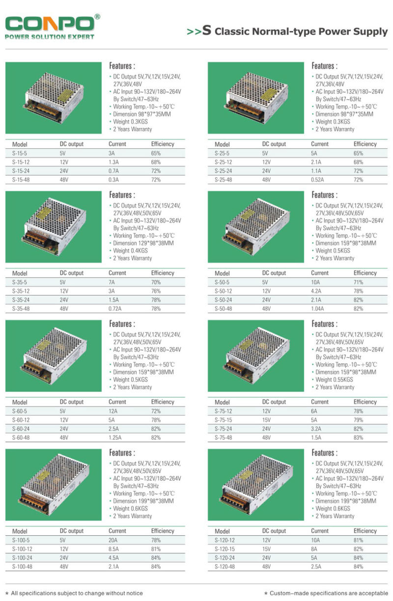 15W~1500W, 5V/12V/24V/48V Classic Normal-Type Swiching-Mode Power Supply/SMPS