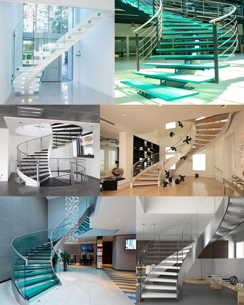 DIY Modern Curved Glass Staircase Close to Elevator