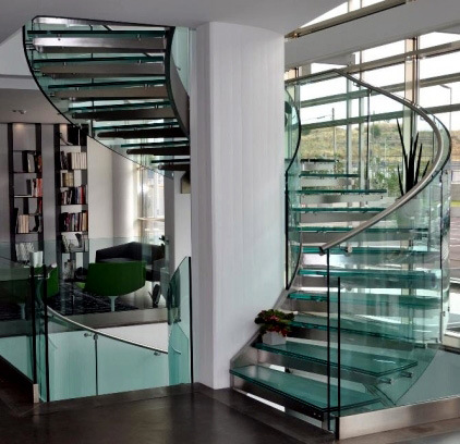 DIY Modern Curved Glass Staircase Close to Elevator