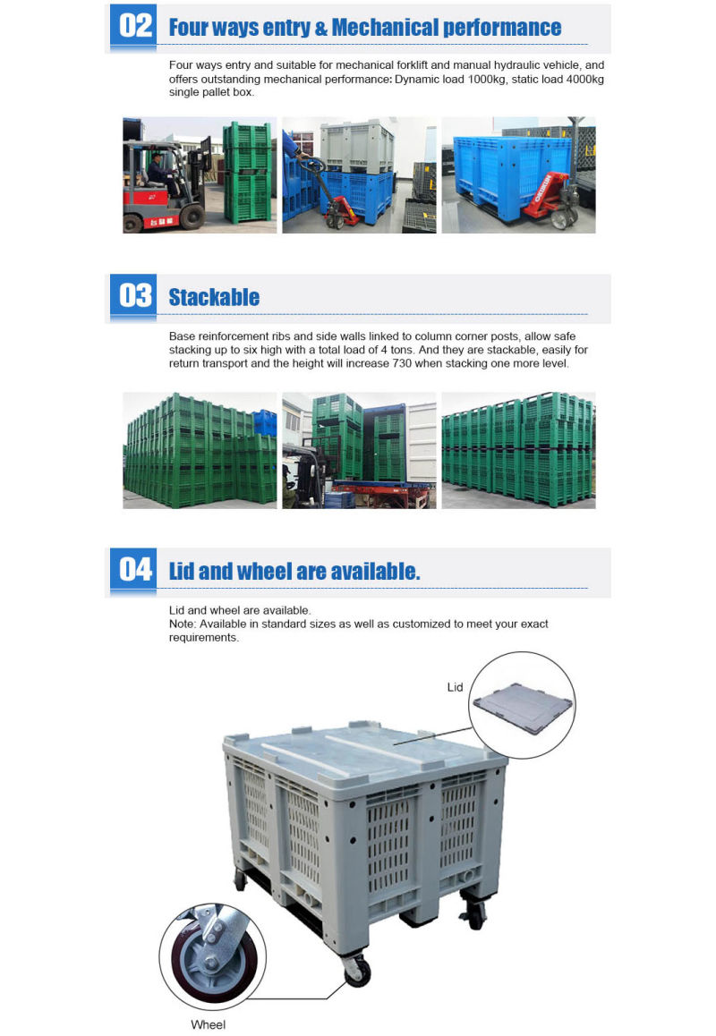 1200X1000 Virgin HDPE Large Plastic Pallet Box for Cold Storage