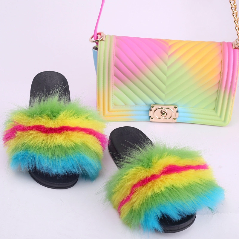 Jelly Purse and Fur Slides Sets, Fur Slippers Purse, Designer Fur Slides Handbag Set