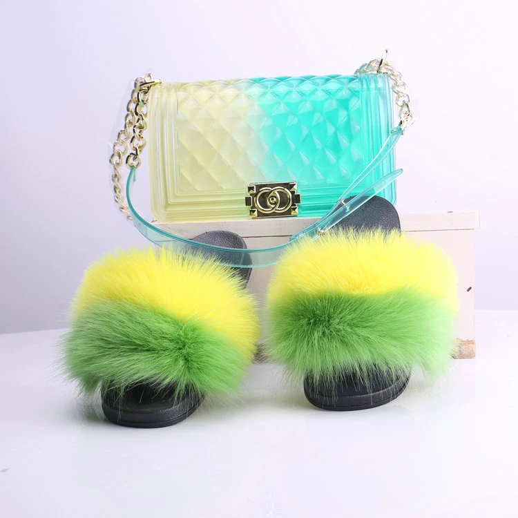 Jelly Purse and Fur Slides Sets, Fur Slippers Purse, Designer Fur Slides Handbag Set