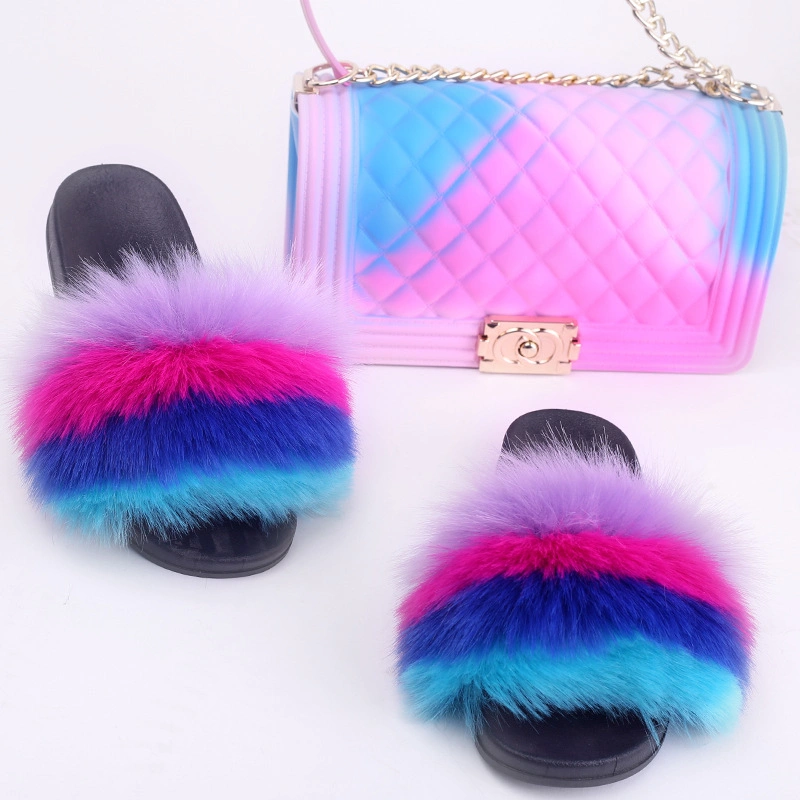 New Trend Fur Slides with Purse Set, Fox Fur Slides and Purse, Slippers Bag Set