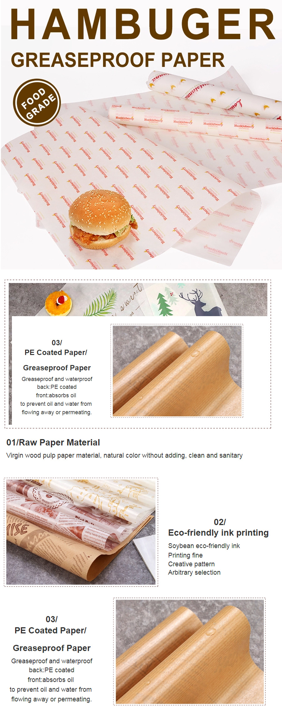 Custom Printing Hamburger Packaging Tissue Paper Wrapping Grease Proof Hamburger Paper for Fast Food Restaurant