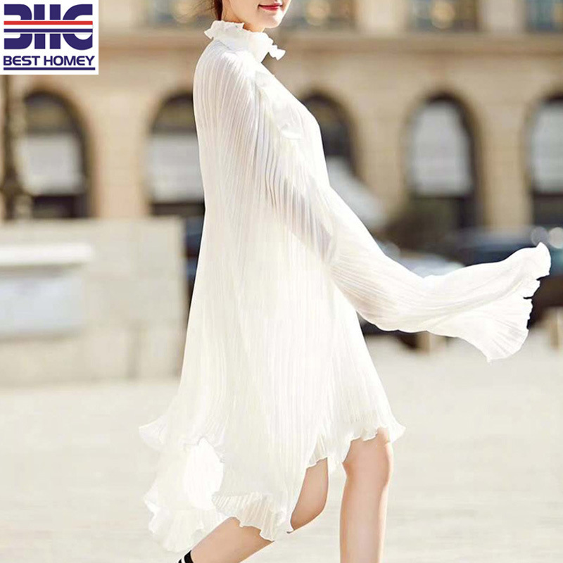 Drop Shoulder Design Pure White Pleated Women Dresses