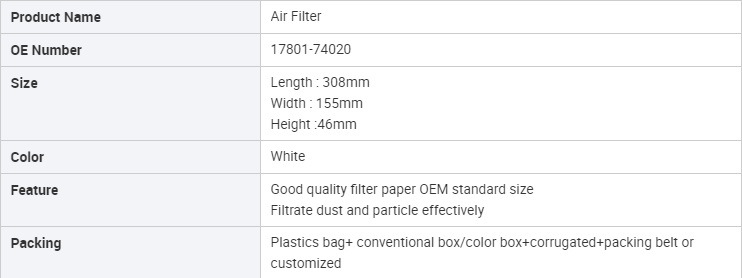 China Supplier High Performance Auto Air Filter 17801-74020