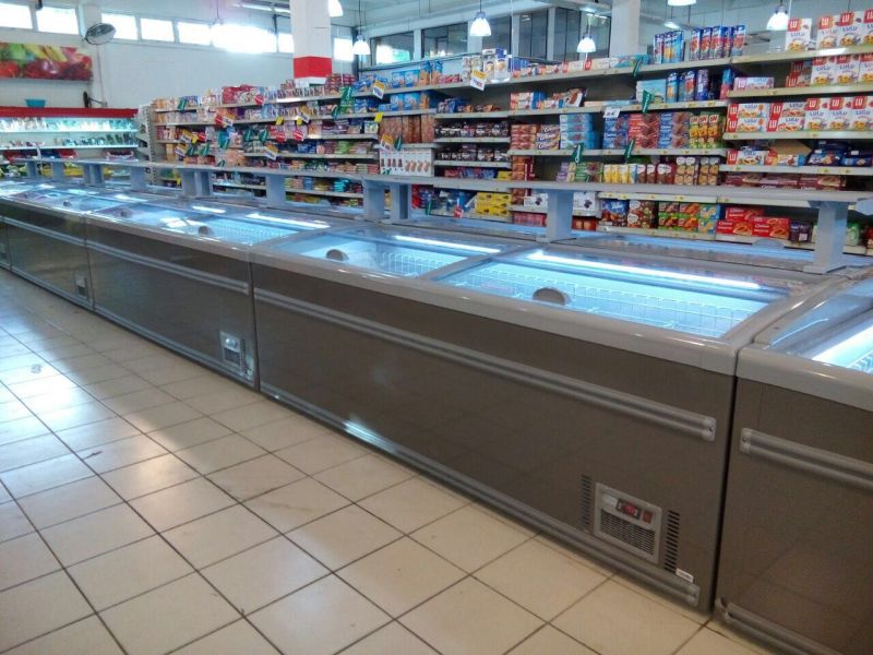 Supermarket Commercial Deep Double Glass Door Refrigerators Island Freezers