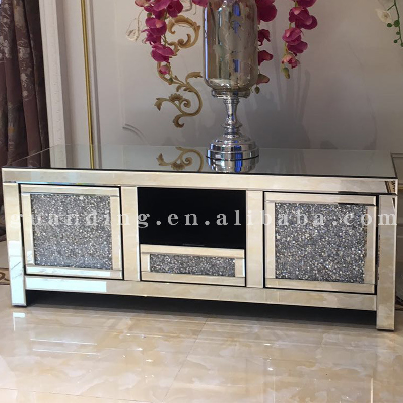 Modern Silver Mirrored Furniture Living Room TV Stands Crushed Diamond Crystal Mirrored TV Cabinet