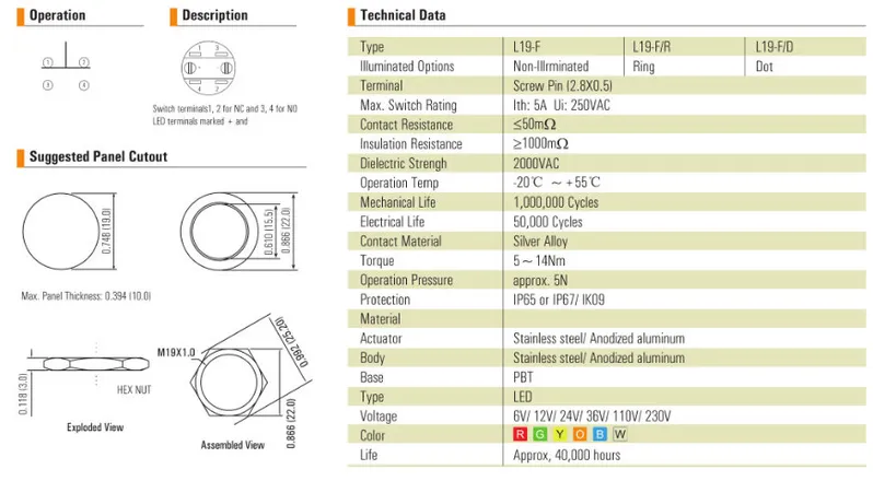 19mm Sealed Vanal Resistant DOT Illuminated Metal Push Button Switch