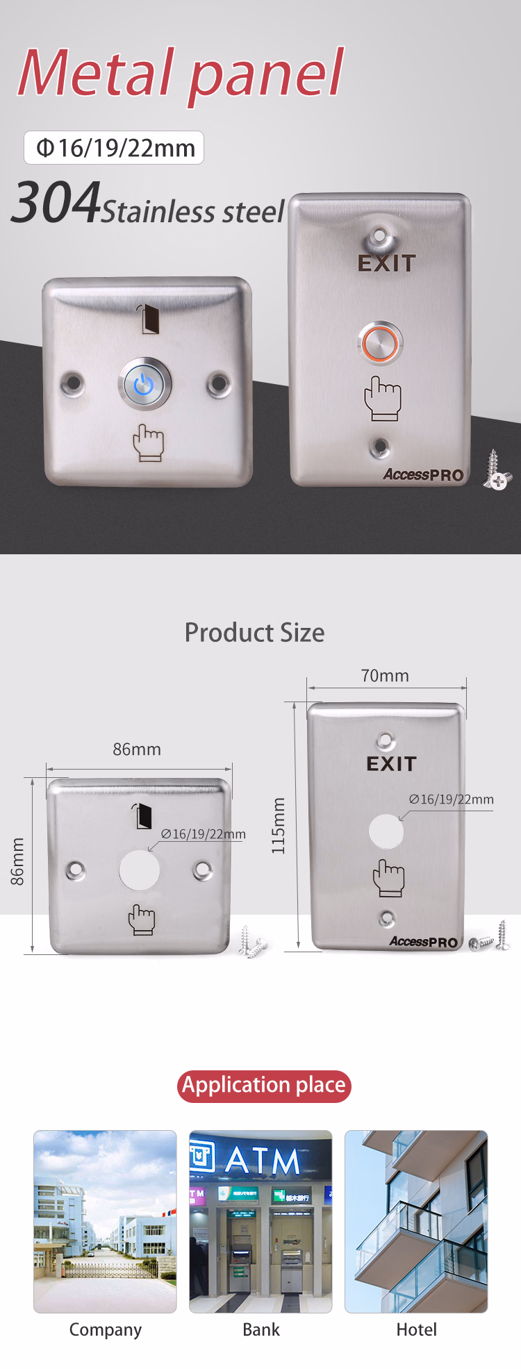 304 Stainless Steel Metal Panel Without Push Switch