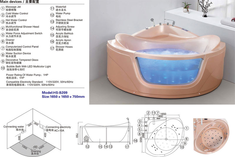 Modern Design with Computer Control Panel Massage Indoor Whirlpool Bathtub
