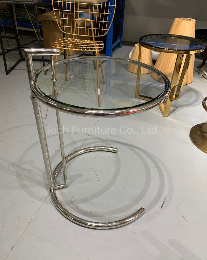 Transparent Round Tempered Glass Coffee Side Table Silver Stainless Steel Frame for Living Room Bedroom