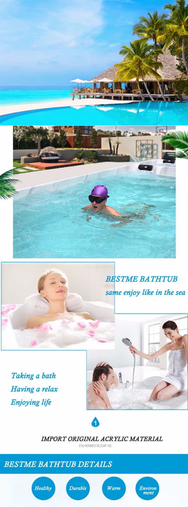 Foshan Manufature Indoor Massage Bathtub or Outdoor SPA Swimming Tub Kb-390