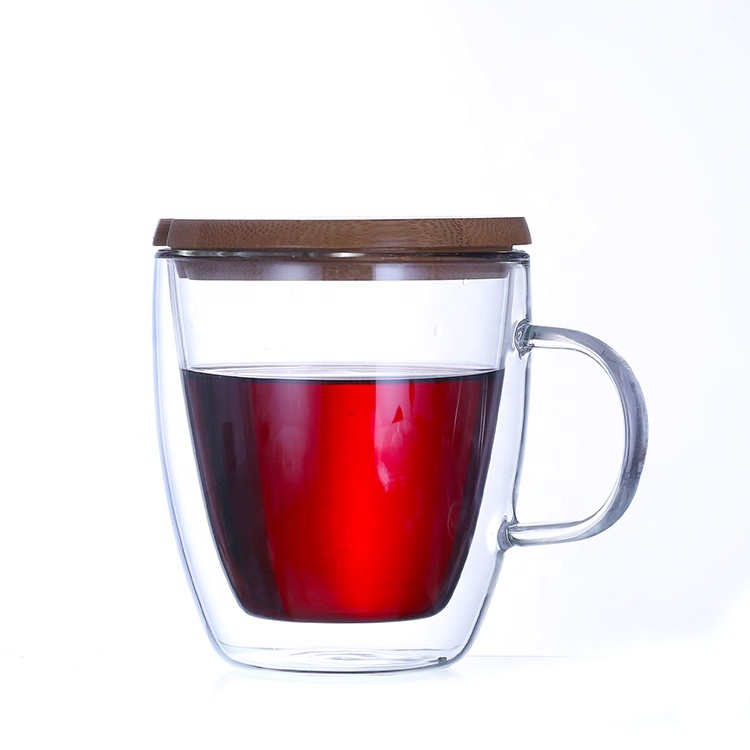 Heat-Resistant Double Wall Glass Coffee Mugs with Wooden Lid