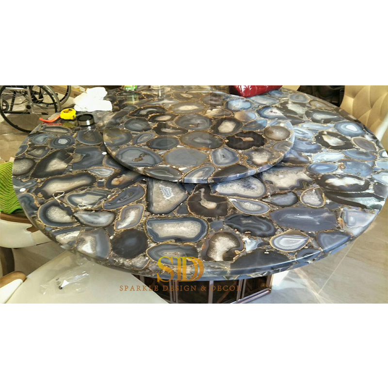 Double Layer Solid Grey Agate Round Table Semi Precious Stone Dining Table