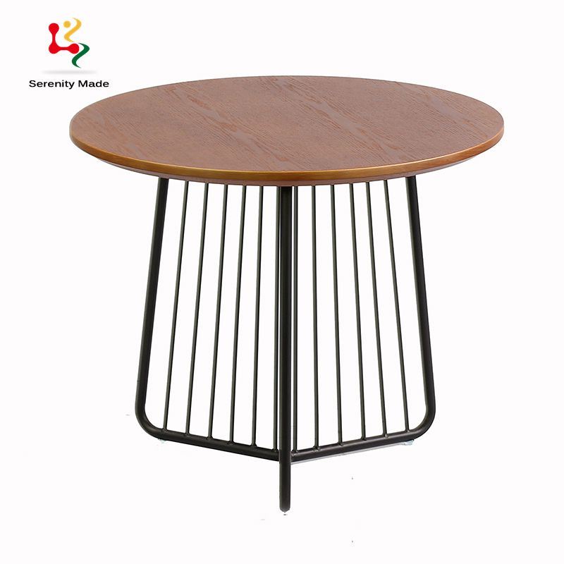 Simple Style Round Table Cafe Table Wood Desktop Coffee Table with Metal Base