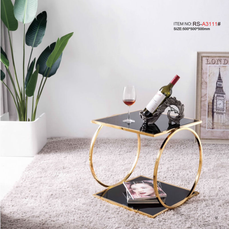 Living Room Tempered Glass Marble Top Coffee Table Side Table with Titanium Stainless Steel Frame