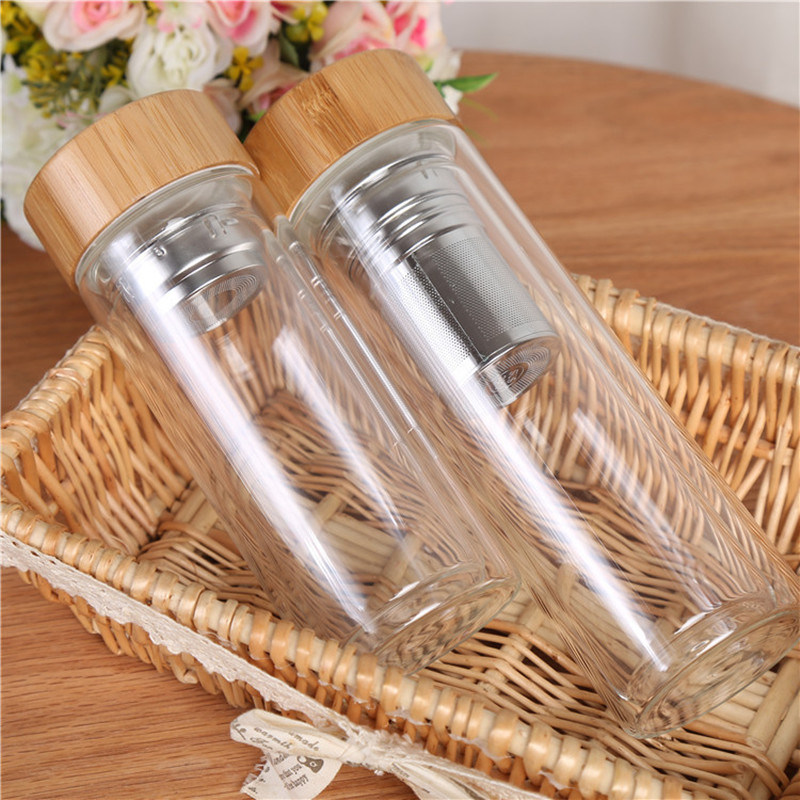 Glass Water Cups with Stainless Steel Filter and Bamboo Lid