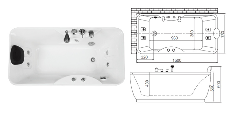 Factory Directly 1500*750*650mm Cheap Price Hand Control Massage Bathtub Factory (Q348)