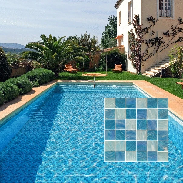 New Models Blue Swimming Pool Simple Square Mix Hot Melt Glass Mosaic Tile (H420112)