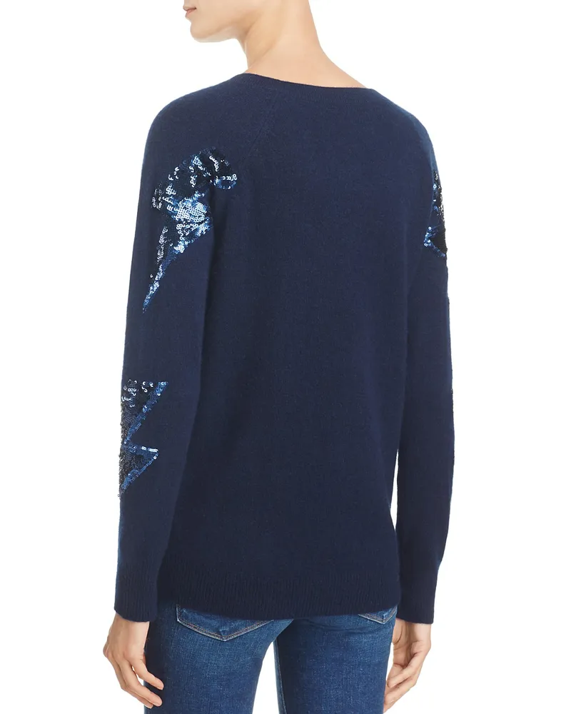 Navy Blue Winter Round Neck Cashmere & Sequin Lightning Bolt Sweaters