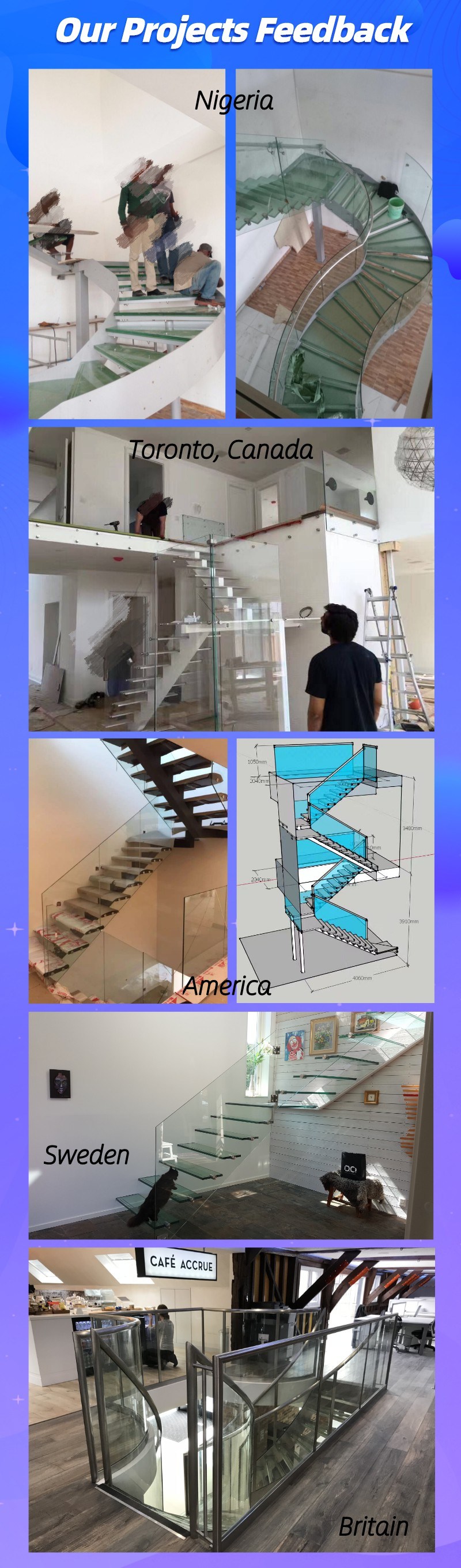 Latest Design Professional Customized Floating Glass/Wood Treads Staircases