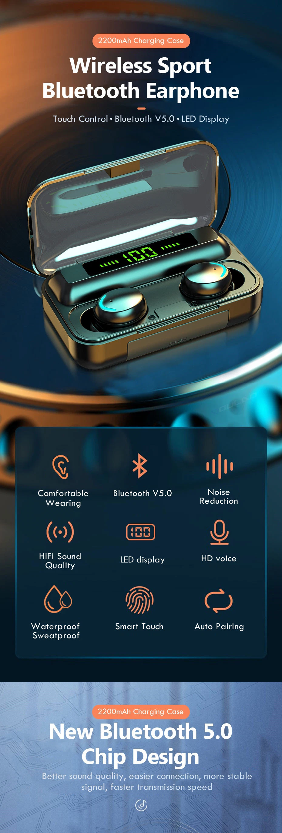 Tws Wireless Headphones V5.0 Stereo Surround Earbuds, Business Style Wireless Earphone, Long Standby Wireless Headset