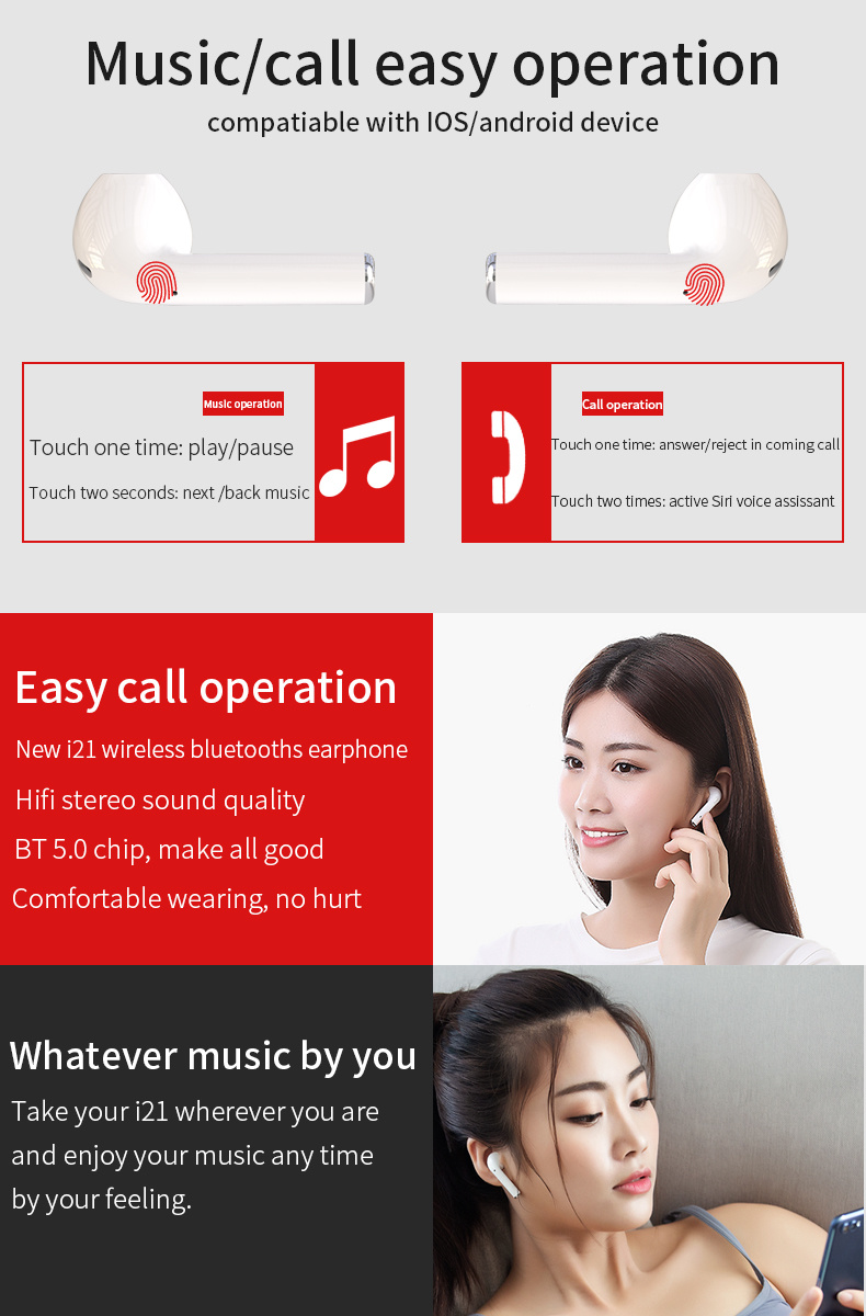 High Quality Color I21 Android Touch Tws Android 5.0 Mini Sports Earbud