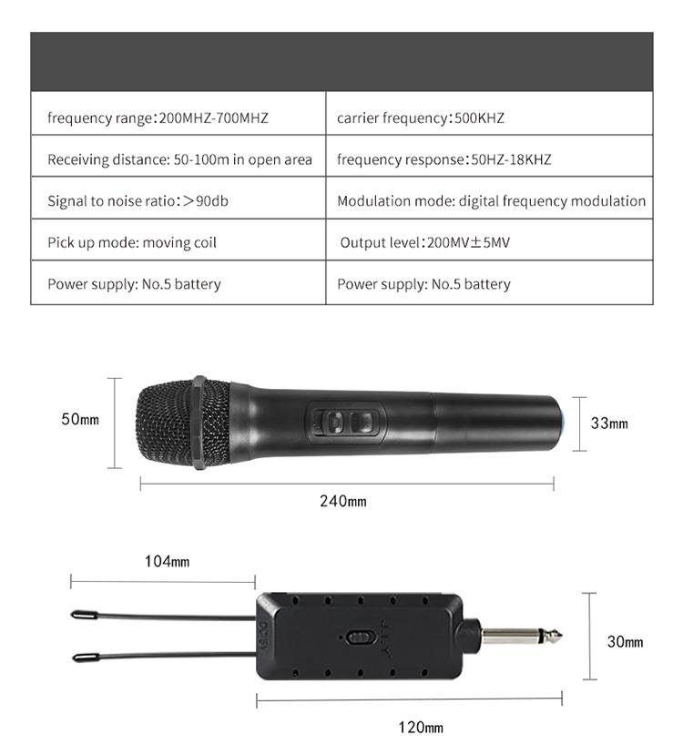 VHF Handheld Microphone Wireless Microphone with Rechargeable Receiver
