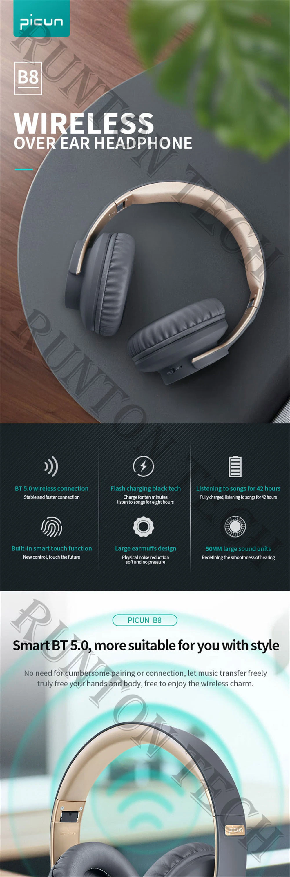 B8 Metal Bass Stereo Headphones Bluetooth 5.0 Foldable Rotating Noise Cancelling Headset