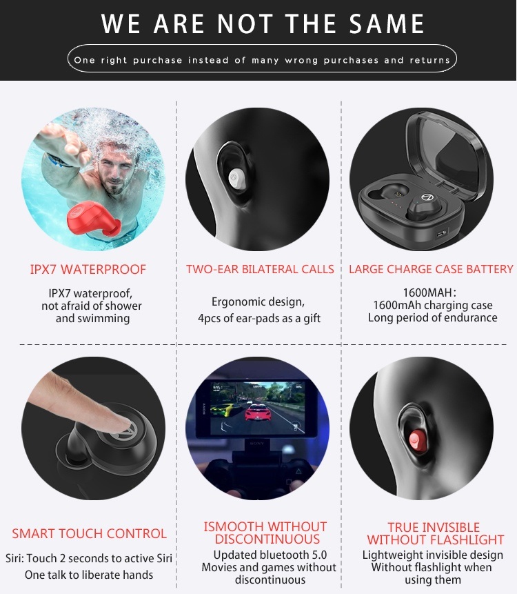 Tws in-Ear Wireless Earphone Waterproof Outside Sports Headset Headphones Earbuds