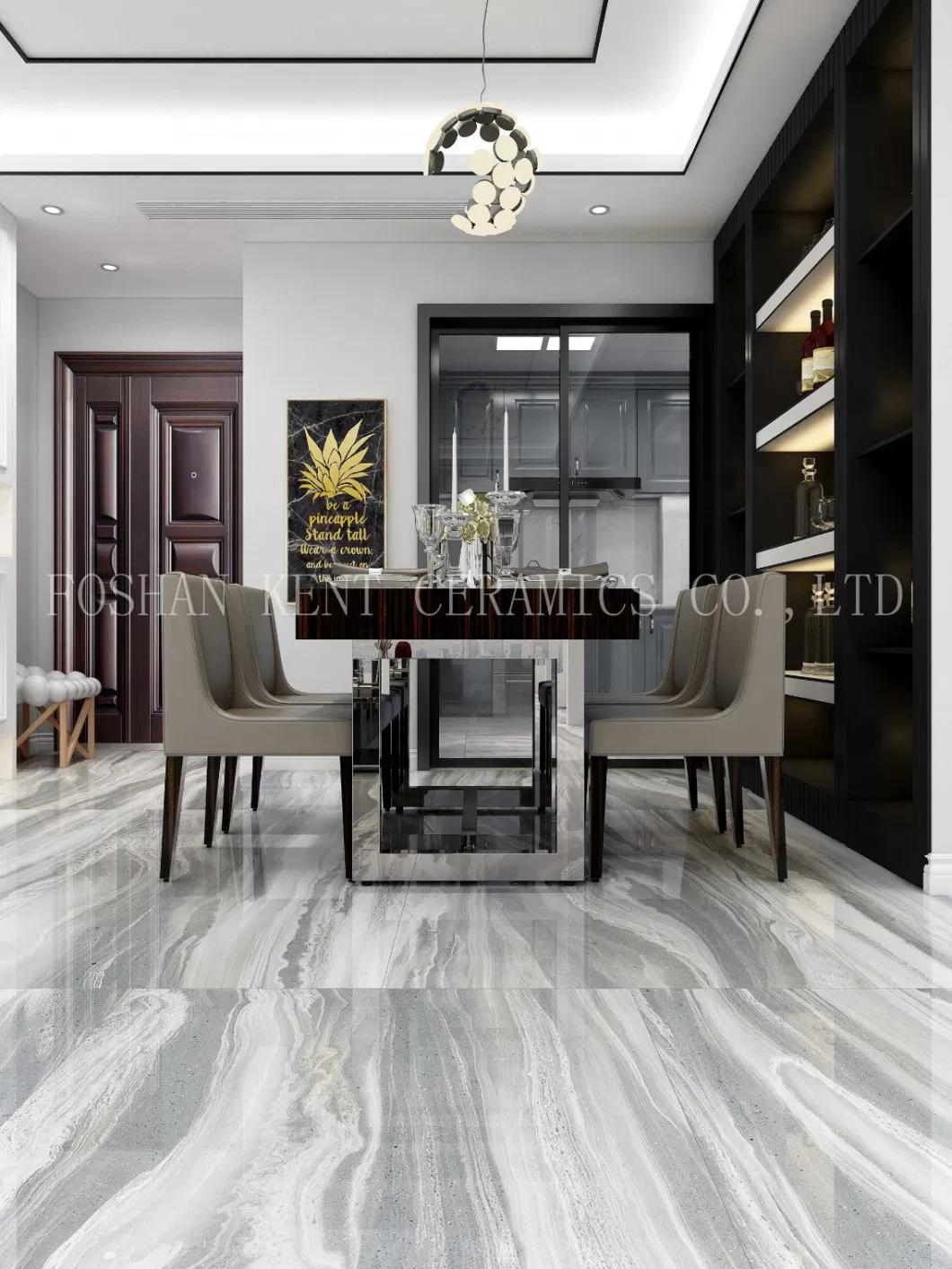 Grey and White Large Marble Look Glossy Vitrified Tile for Residential Usage
