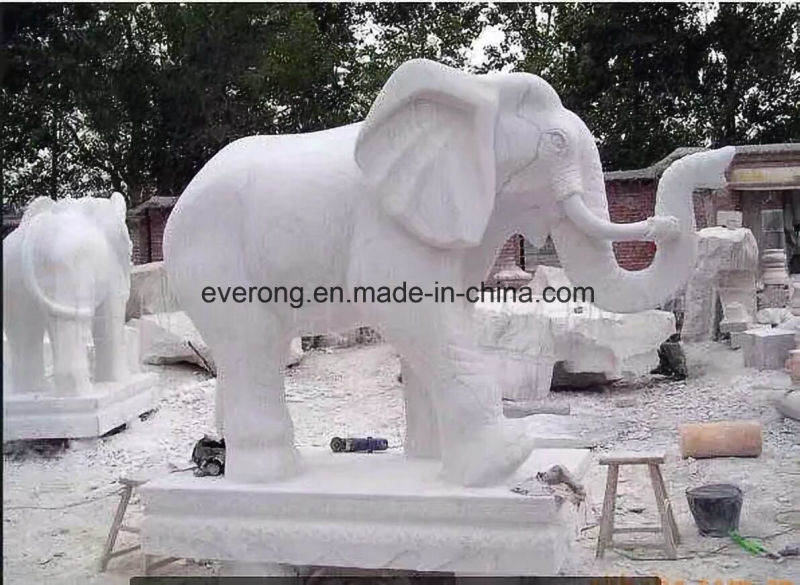 Marble Stone Sculpture Animal Statue, White Elephant Carving for Garden