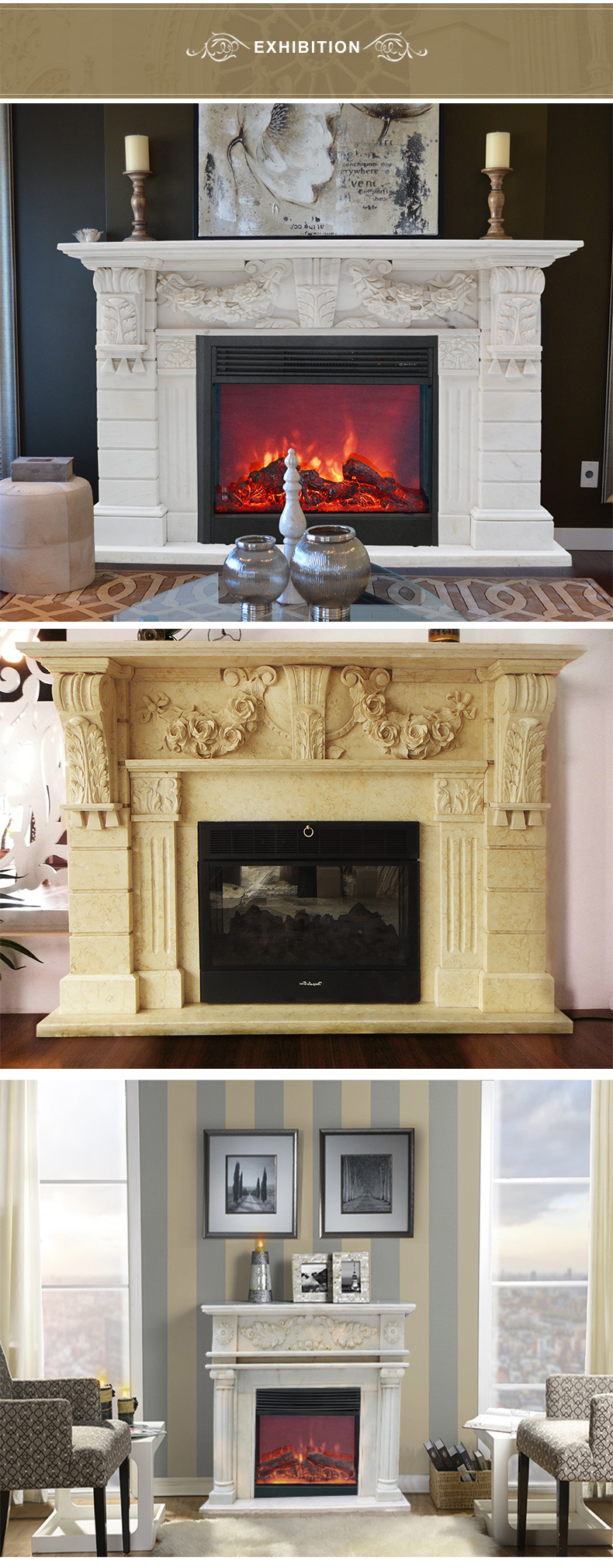 White and Yellow Marble Column Fireplace for Indoor &Outdoor