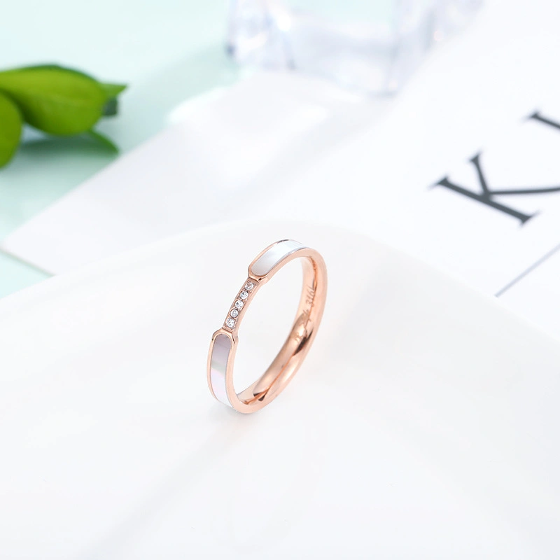 Fashion 18K Rose Gold White Shell Titanium Steel Diamond Ring