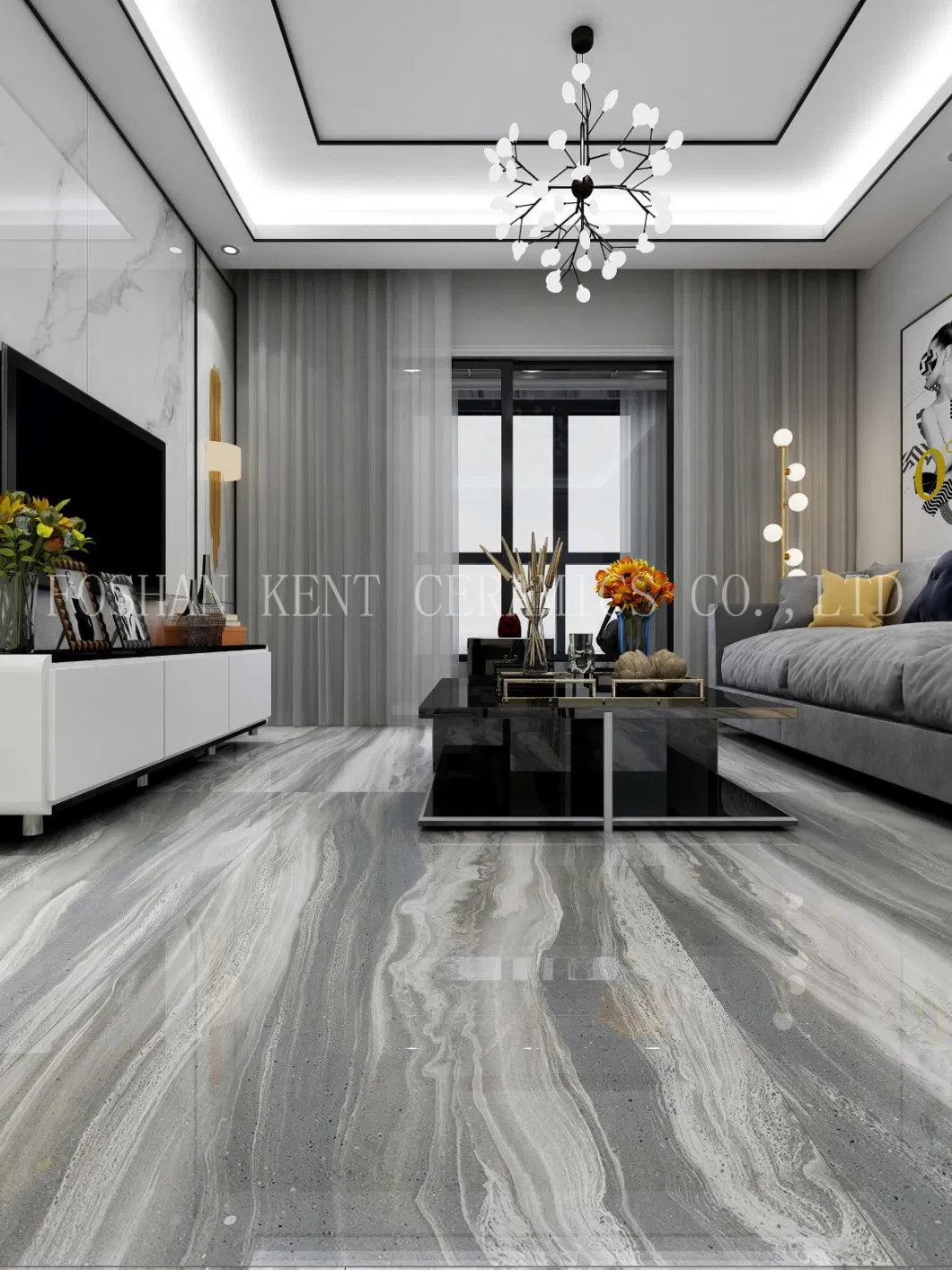Grey and White Large Marble Look Glossy Vitrified Tile for Residential Usage