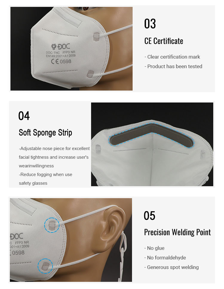 CE Certified White List Manufacture Respirator Foldable Facial Protector Earloop FFP3 Nr