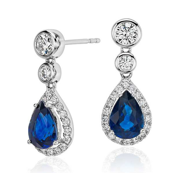 Sapphire and Diamond Pear Dangle Earrings in 18k White Gold (7X5mm)