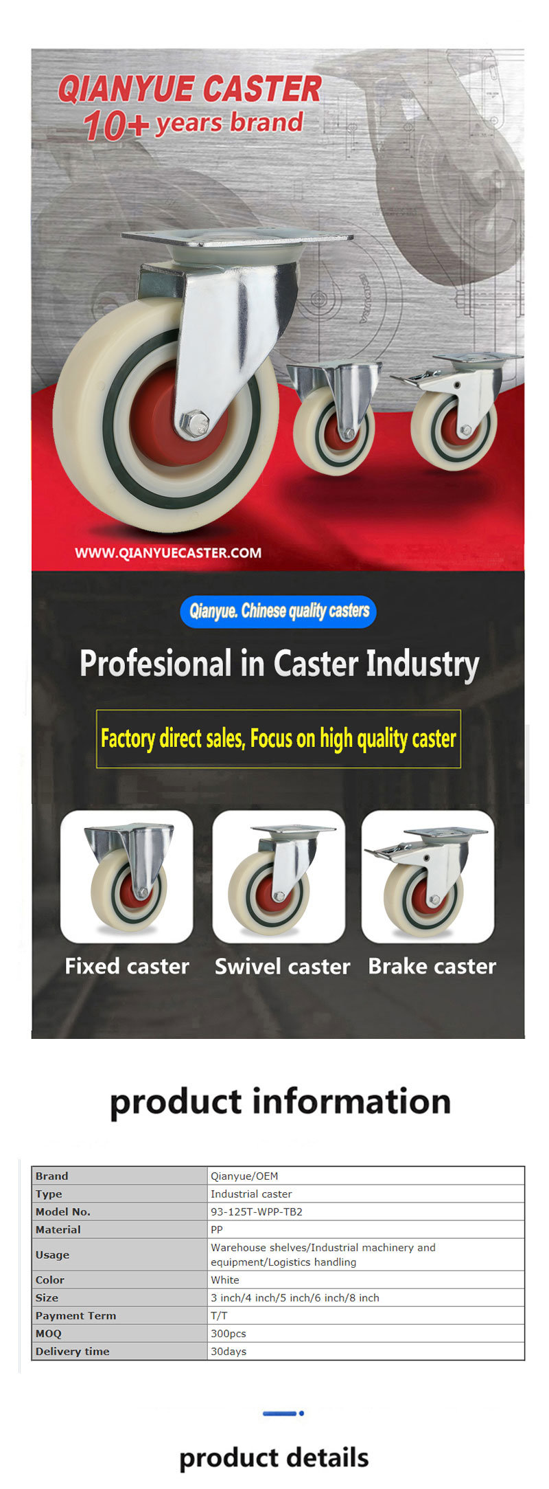 Swivel Europe Type Industrial White PP Caster Wheels