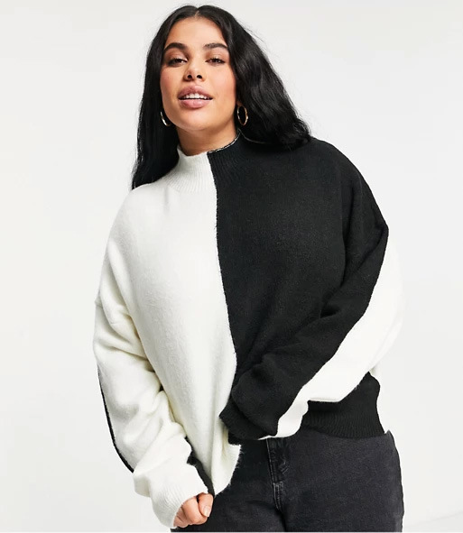 Unisex Unique Personality Plus Size Black and White Contrast Sweater