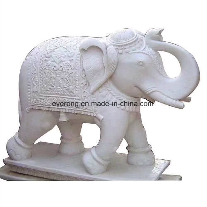 Marble Stone Sculpture Animal Statue, White Elephant Carving for Garden
