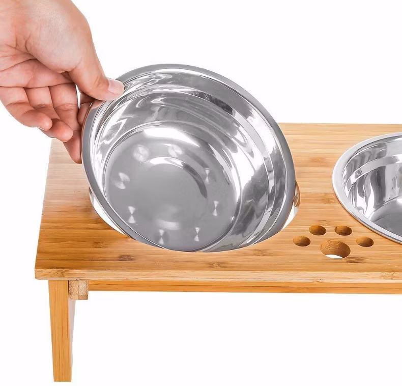 Bamboo Wood Foldable Raised Dog Cat Pet Bowls Elevated Pet Feeder Stand with Stainless Steel Bowls