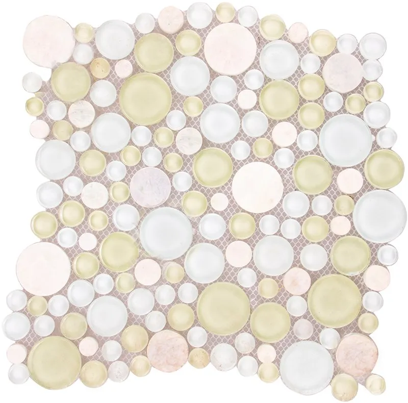 Mixed Size Water Jet Round Shape White Green Marble Glass Mosaic