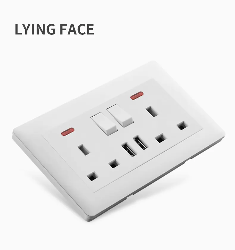 Switched Twin 13A Wall Electricity Socket with USB Charging Ports