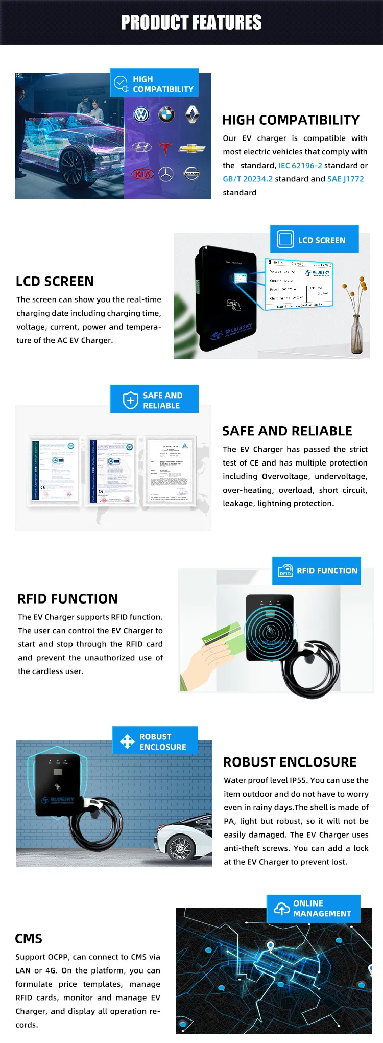 Floor Type EV Charger Supply 22kw Type 2 or Type 1 for Electric Vehicle